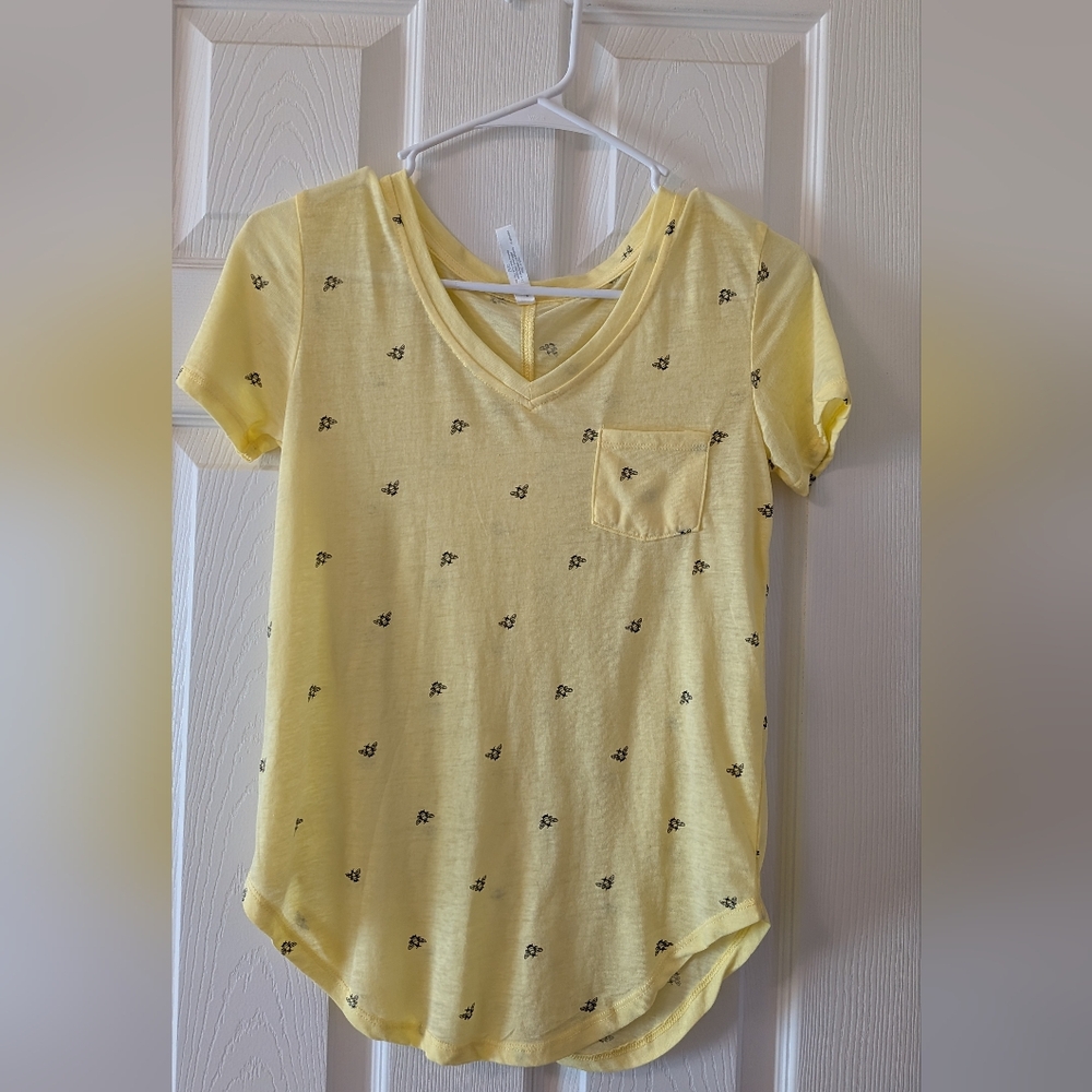 Yellow V-Neck T-Shirt with Black Print